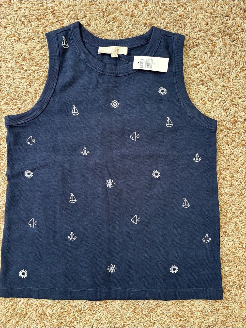 LOFT Navy Tank Top with White Nautical Embroidery